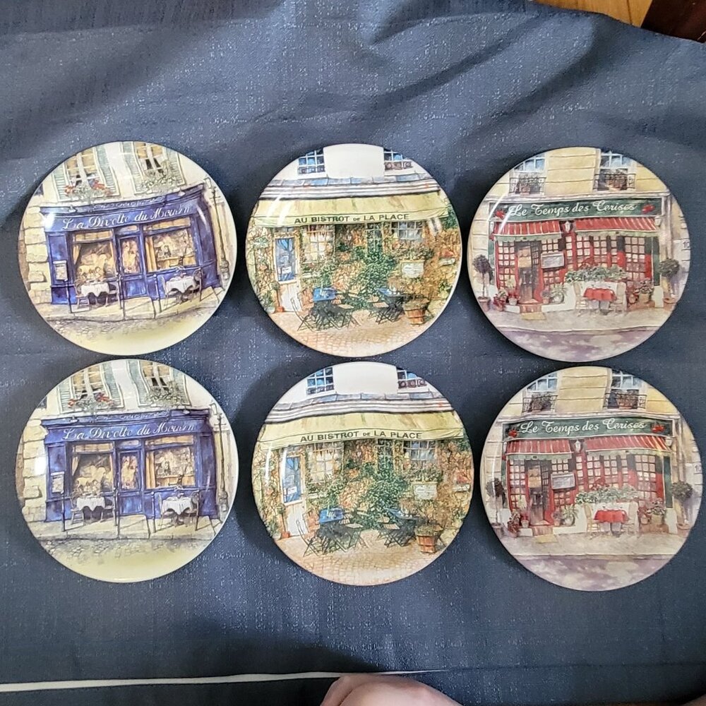 Set Of 6 Cider House Round Ceramic Plates With French Bistro Designs